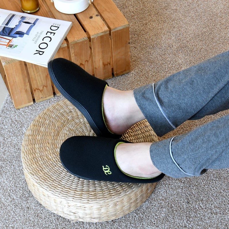 DL Men's Memory Foam Slippers - Comfy Indoor/Outdoor Slip-ons, Cozy Bedroom Slippers with Soft Flannel Lining, Size 9-10 (Black/Green) - Image 2